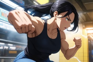 sharp eyes, boots, black tank top, medium breasts, subway background, metro background, matte color, anime, masterpiece, solo, best quality, high resolution, detailed face, 1girl, long hair, black hair, long hair, slim muscular body, fighting stance, yellow eyes, blue jeans, cinematic lightning, punching, fighting