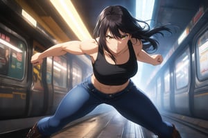 sharp eyes, boots, black tank top, medium breasts, subway background, metro background, matte color, anime, masterpiece, solo, best quality, high resolution, detailed face, 1girl, long hair, black hair, long hair, slim muscular body, fighting stance, yellow eyes, blue jeans, cinematic lightning,