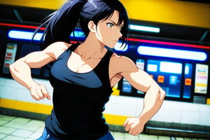 anime, solo, 1girl, black hair, long hair, slim muscular body, fighting stance, yellow eyes, black tank top, blue jeans, boots, black tank top, medium breasts, upper body, subway background, metro background, matte, ponytail