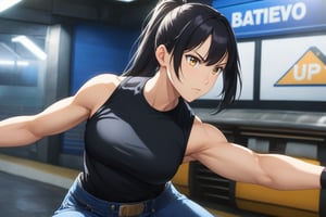 anime, solo, 1girl, black hair, long hair, high ponytail, slim muscular body, fighting stance, yellow eyes, black tank top, blue jeans, boots, black tank top, medium breasts, upper body, subway background, metro background, matte color, leather fur jacket