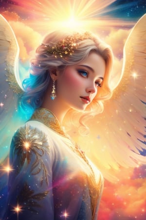 a photorealistic photo of a graceful female angel clothed in glittering, perfect wings, symmetrical wings, colorful fine linen, surrounded by radiant flowers and bright clouds, smoke, misty, shimmering auras, morning lighting, close-up, almost white blonde hair, glowing skin, soft, graceful opalescent glowing wings, calm galaxy pupils eyes, in the distant sky can stars that shine brightly, 8k uhd, dslr, soft lighting, high quality, film grain, Fujifilm XT3 , style-rustmagicDeepJourney, deepjourney