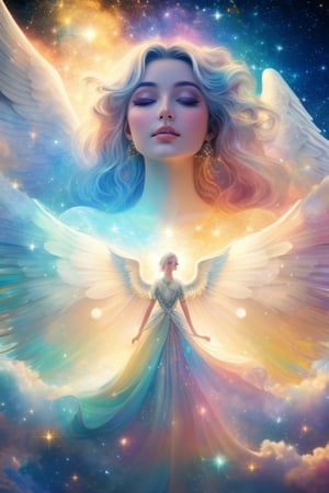 a photorealistic photo of a graceful female angel clothed in glittering, perfect wings, symmetrical wings, colorful fine linen, surrounded by radiant flowers and bright clouds, smoke, misty, shimmering auras, morning lighting, close-up, almost white blonde hair, glowing skin, soft, graceful opalescent glowing wings, calm galaxy pupils eyes, in the distant sky can stars that shine brightly, 8k uhd, dslr, soft lighting, high quality, film grain, Fujifilm XT3 , style-rustmagicDeepJourney, deepjourney