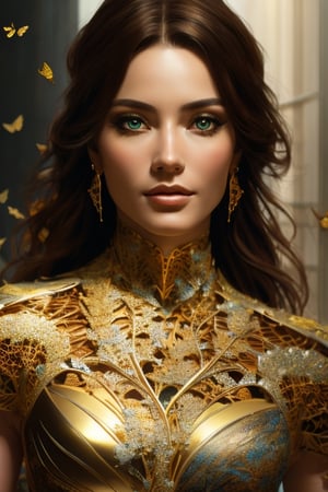 8k portrait of beautiful cyborg with brown hair, intricate, elegant, highly detailed, majestic, digital photography, art by artgerm and ruan jia and greg rutkowski surreal painting gold butterfly filigree, broken glass, (masterpiece, sidelighting, finely detailed beautiful eyes: 1.2), hdr, (detailed background window to a new dimension, plants and flowers:0.7) infinity, infinite symbol, DeepJourney 