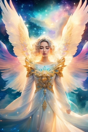 a photorealistic photo of a graceful female angel clothed in glittering, perfect wings, symmetrical wings, colorful fine linen, surrounded by radiant flowers and bright clouds, smoke, misty, shimmering auras, morning lighting, close-up, almost white blonde hair, glowing skin, soft, graceful opalescent glowing wings, calm galaxy pupils eyes, in the distant sky can stars that shine brightly, 8k uhd, dslr, soft lighting, high quality, film grain, Fujifilm XT3 , style-rustmagicDeepJourney, deepjourney