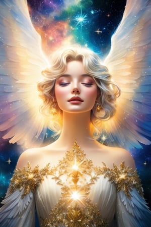 a photorealistic photo of a graceful female angel clothed in glittering, perfect wings, symmetrical wings, colorful fine linen, surrounded by radiant flowers and bright clouds, smoke, misty, shimmering auras, morning lighting, close-up, almost white blonde hair, glowing skin, soft, graceful opalescent glowing wings, calm galaxy pupils eyes, in the distant sky can stars that shine brightly, 8k uhd, dslr, soft lighting, high quality, film grain, Fujifilm XT3 , style-rustmagicDeepJourney, deepjourney