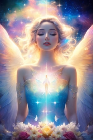 a photorealistic photo of a graceful female angel clothed in glittering, perfect wings, symmetrical wings, colorful fine linen, surrounded by radiant flowers and bright clouds, smoke, misty, shimmering auras, morning lighting, close-up, almost white blonde hair, glowing skin, soft, graceful opalescent glowing wings, calm galaxy pupils eyes, in the distant sky can stars that shine brightly, 8k uhd, dslr, soft lighting, high quality, film grain, Fujifilm XT3 , style-rustmagicDeepJourney, deepjourney