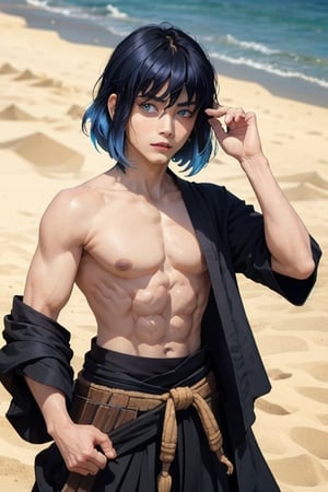 inosuke, ((masterpiece)), best quality, 1boy, cowboy shot, abs, portrait, half body, black pants, inosuke without mask, sand, dune, bangs, black hair with blue locks,, blue hair, green eyes, abs, topless male, hakama, male focus, ,inosukemask,SAM YANG