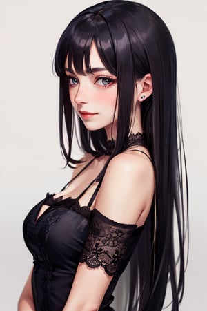 (portrait of woman, blushing expression, looking to the side, slight smile)