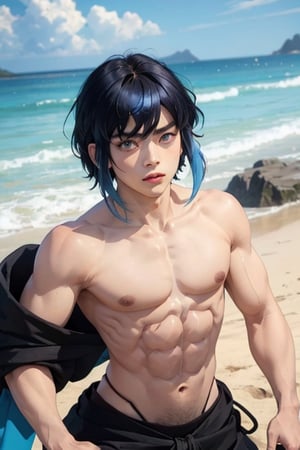 inosuke, ((masterpiece)), best quality, 1boy, cowboy shot, abs, portrait, inosukemask holding it with one hand, half body, black pants, inosuke without mask, sand, dune, bangs, black hair with blue locks,, blue hair, green eyes, abs, topless male, hakama, male focus, ,inosukemask,SAM YANG