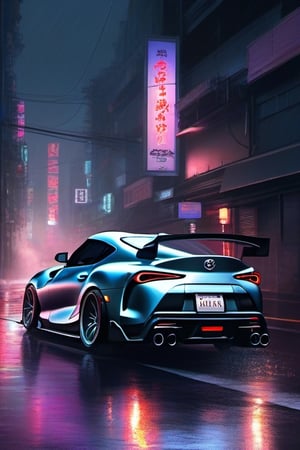 A highly detailed digital painting of a matt gray cyberpunk style Toyota Supra driving through a rainy nighttime Tokyo cityscape, neon lights reflecting off the wet streets, cyberpunk era, side view perspective, trending on artstation