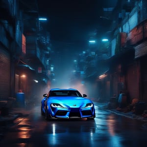 A matte painting of a vibrantly colored neon blue Toyota GR Supra sports car driving fast through a dense, gritty cyberpunk slum at night, highly detailed digital painting