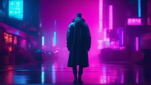  A melancholy cyberpunk man standing still, looking ahead on a rainy neon lit city street, photorealistic cinematic digital portrait photo, extremely detailed, neon pink, neon blue, black, 8k resolution