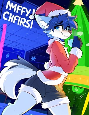 By Kilinah, (Coffeesoda:1.1), Hioshiru, Furry, Michhiru Kagemori, Anthro, Solo, Nightclub, Full Body, wide eyes, christmas party, grey and white, husky boy