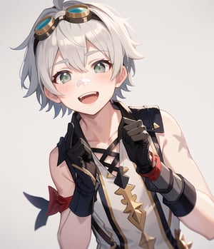 masterpiece, best quality,1boy, male focus, green eyes,black gloves, bandaid, goggles, bandaid on face, open mouth, solo, goggles on head, bandaid on nose, smile, sleeveless, white hair,  (grey background:1.4),(kbxll:0.6) Bennett, genshin_impact
