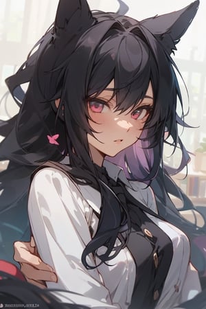 school clothing, library,midjourney, beautiful, masterpiece, best quality, extremely detailed face, perfect lighting, best quality, ultra detailed, highly detailed, perfect face, 1 girl, shoulder-length hair, ((unique hair)), school girl, button up shirt, black fox ears, black fox girl, black ears