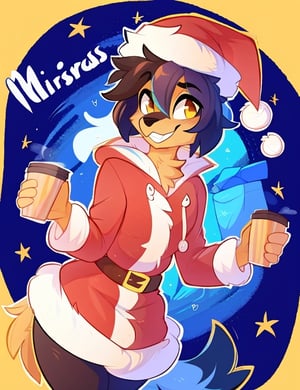 By Kilinah, (Coffeesoda:1.1), Hioshiru, Furry, Michhiru Kagemori, Anthro, Solo, Full Body, Christmas party, boy, wholesome, handing out gifts