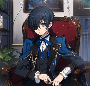 masterpiece, best quality, Animated character, Delicate features, straight hair, dark greyish blue hair, solo character, 1male, young, kid, ciel_phantomhive, eyepatch, royal blue eyes, Ciel_phantomhive, sitting 