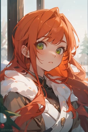 midjourney, beautiful, masterpiece, best quality, extremely detailed face, perfect lighting, best quality, ultra detailed, highly detailed, perfect face, 1 girl, orange hair, ginger, red head, short, cute girl in winter, (long smooth straight hair), staring out window into the snow, close up, freckles, green eyes, Christmas