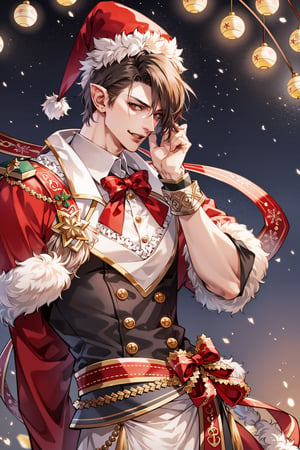 8k, midjourney, niji, 1male, (nice jawline), butler, handsome, long face, nice chin, man, masculine,1guy,boy, fangs, pointy ears, solo character, holiday, Christmas, Christmas hat