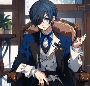 masterpiece, best quality, Animated character, Delicate features, straight hair, dark greyish blue hair, solo character, 1male, young, kid, ciel_phantomhive, eyepatch, royal blue eyes, Ciel_phantomhive, sitting 