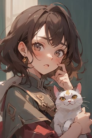midjourney, masterpiece, best quality, extremely detailed face, perfect lighting, best quality, girl holding up her cat
