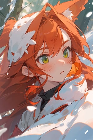 midjourney, beautiful, masterpiece, best quality, extremely detailed face, perfect lighting, best quality, ultra detailed, highly detailed, perfect face, 1 girl, orange hair, ginger, red head, short, cute girl in winter, (long smooth straight hair), falling_snow, snowy forest, close up, freckles, green eyes, fox ears