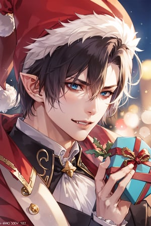 8k, midjourney, niji, 1male, (nice jawline), butler, handsome, long face, nice chin, man, masculine,1guy,boy, fangs, pointy ears, solo character, holiday, Christmas, Christmas hat, gift giving, close up