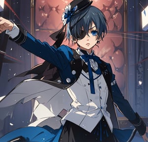 masterpiece, best quality, Animated character, Delicate features, straight hair, dark greyish blue hair, young, kid, ciel_phantomhive, eyepatch, royal blue eyes, Ciel_phantomhive, dancing, royal ball, graceful