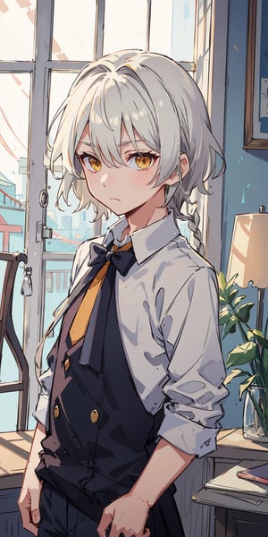 yellow eyes, short white hair, straight hair, small braid, single braid, solo character, 1male, soft, calm, blank expression, servant boy, 19th century, servant boy, young, kid, close up