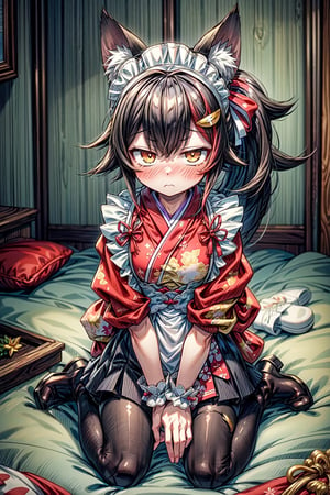8k, ultra-detailed, masterpiece, best quality,anime, wide shot,depth of field,hair ornaments, perfect lighting, light clothes,  loli, shy, expressionless eyes, nose blush , blush, embarassed,Wariza,hand between legs, :<,bed room,(reflection floor),miodefault,mionewyears, ponytail, hair ornament, red kimono, flower print, white apron, frills, wrist cuffs, maid headdress, black pantyhose, wolf tail,miohoodie,miocasual
