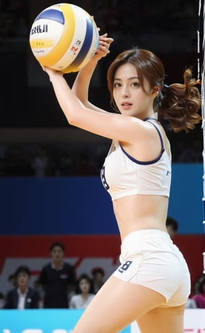 a photo of a woman han hyo joo playing volley ball, blocking pose, jump high,in action, focused and and sweating, sharp eyes looking forward, curly brown hair,white bra and panty,b3rli,korean girl