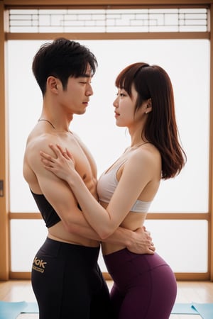 Create a vivid and engaging description of a realistic korean couple practicing body-lock yoga together,outfit-km