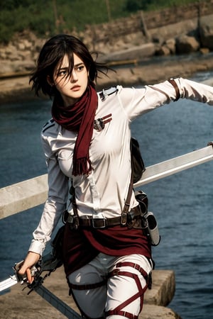 masterpiece, best quality, highres, hmmikasa, short hair, black eyes, scarf, emblem,(unbuttoned shirt), belt, thigh strap, red scarf, white pants, brown jacket, long sleeves, , holding weapon, sword, dual wielding, three-dimensional maneuver gear, mountains_background , inside_jungle , 32k , 8k , high_resolution,hmmikasa