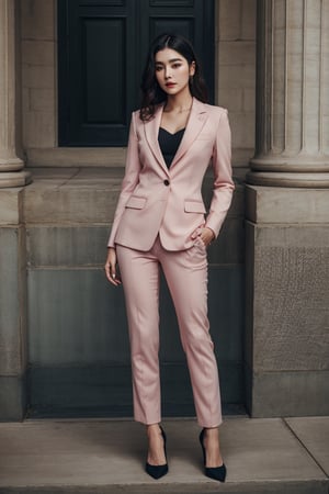 a atheletic beautiful,gorgeous,goddess women standing full body potrait,background city,wearing pink suit goyoonjung,perfecteyes,Detailedface,1 girl