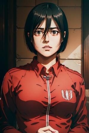 RAW photo,  portrait of( full body) of a beautiful (Mikasa Ackerman )wearing a red shirt (high detailed skin:1.2),  8k uhd,  dslr,  soft lighting,  high quality,  film grain,  Fujifilm XT3,  ((((hands))), 
,horror,High detailed ,Color magic,hmmikasa,Saturated colors,Realism
