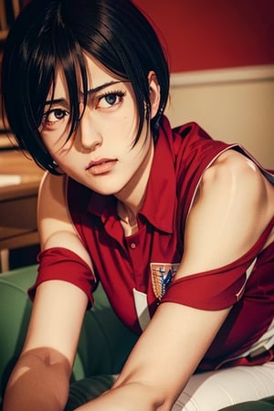  portrait of( full body with legs) of a beautiful (Mikasa Ackerman )wearing a red shirt (high detailed skin:1.2),  8k uhd,  dslr,  soft lighting,  high quality,  film grain,  Fujifilm XT3,  ((((hands))), 
,horror,High detailed ,Color magic,hmmikasa,Saturated colors,Realism,Color saturation ,school uniform