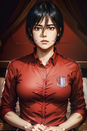  portrait of( full body) of a beautiful (Mikasa Ackerman )wearing a red shirt (high detailed skin:1.2),  8k uhd,  dslr,  soft lighting,  high quality,  film grain,  Fujifilm XT3,  ((((hands))), 
,horror,High detailed ,Color magic,hmmikasa,Saturated colors,Realism
