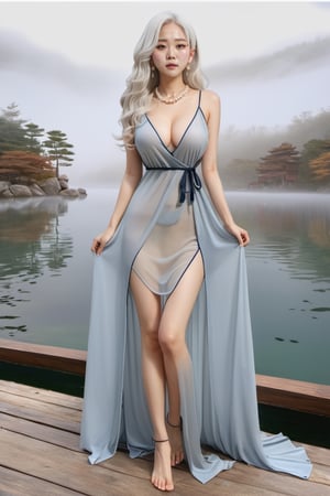 ( best quality, realistic description, masterpiece,)

Jang Won-young, korean girl, female solo, (((((beautiful face))))), (((( white hair )))), long wave hair, tiny_breasts,
brown eyes, ((realistic)), super realistic eyes
necklace, jewelry, pearl necklace
full_body, looking back, look at camera
white dress, Olivia Bottega Ella Dress, plunging v dress, dress with a waist high slit, ((((see-through dress)))),
(background : simple, lake surface, (((((fog))))), cloudy weather, ),photo r3al