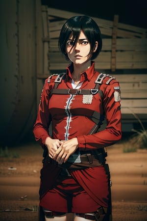 RAW photo,  portrait of( full body) of a beautiful (Mikasa Ackerman )wearing a red shirt (high detailed skin:1.2),  8k uhd,  dslr,  soft lighting,  high quality,  film grain,  Fujifilm XT3,  ((((hands))), 
,horror,High detailed ,Color magic,hmmikasa,Saturated colors,Realism