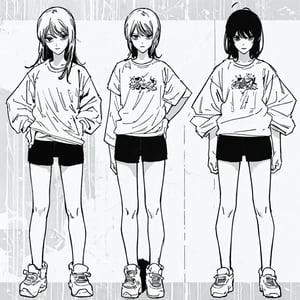 A 45yr anime girl wearing tshirt and shorts standing pose full body image highly detailed body manga style black and white 2d image.