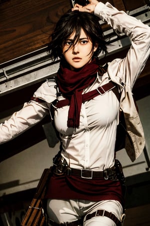 masterpiece, best quality, highres, hmmikasa, short hair, black eyes, scarf, emblem,((wearing unbuttoned shirt)), belt, thigh strap, red scarf, white pants, brown jacket, long sleeves, , holding weapon, sword, dual wielding, three-dimensional maneuver gear, mountains_background , inside_jungle , 32k , 8k , high_resolution,hmmikasa