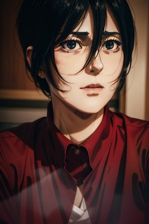 RAW photo,  portrait of a beautiful (Mikasa Ackerman )wearing a red shirt (high detailed skin:1.2),  8k uhd,  dslr,  soft lighting,  high quality,  film grain,  Fujifilm XT3,  ((((hands))), 
,horror,High detailed 