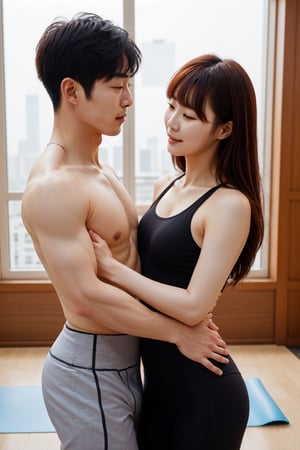 Create a vivid and engaging description of a realistic korean couple practicing body-lock yoga together,outfit-km
