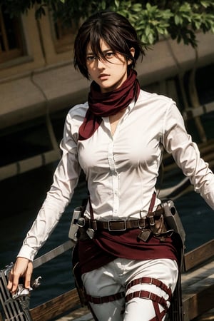 masterpiece, best quality, highres, hmmikasa, short hair, black eyes, scarf, emblem,((wearing naked shirt)), belt, thigh strap, red scarf, white pants, brown jacket, long sleeves, , holding weapon, sword, dual wielding, three-dimensional maneuver gear, mountains_background , inside_jungle , 32k , 8k , high_resolution,hmmikasa