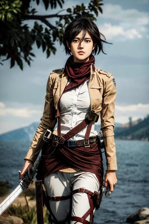 masterpiece, best quality, highres, hmmikasa, short hair, black eyes, scarf, emblem, belt, thigh strap, red scarf, white pants, brown jacket, long sleeves, , holding weapon, sword, dual wielding, three-dimensional maneuver gear, mountains_background , inside_jungle , 32k , 8k , high_resolution,hmmikasa