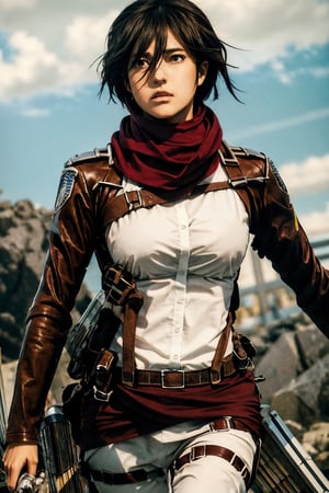 masterpiece, best quality, highres, hmmikasa, short hair, black eyes, scarf, emblem,(((big chest))), belt, thigh strap, red scarf, white pants, brown jacket, long sleeves, , holding weapon, sword, dual wielding, three-dimensional maneuver gear, mountains_background , inside_jungle , 32k , 8k , high_resolution,hmmikasa