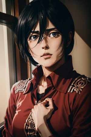 RAW photo,  portrait of a beautiful (Mikasa Ackerman )wearing a red shirt (high detailed skin:1.2),  8k uhd,  dslr,  soft lighting,  high quality,  film grain,  Fujifilm XT3,  ((((hands))), 
,horror,High detailed 