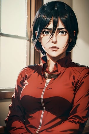  portrait of( full body) of a beautiful (Mikasa Ackerman )wearing a red shirt (high detailed skin:1.2),  8k uhd,  dslr,  soft lighting,  high quality,  film grain,  Fujifilm XT3,  ((((hands))), 
,horror,High detailed ,Color magic,hmmikasa,Saturated colors,Realism
