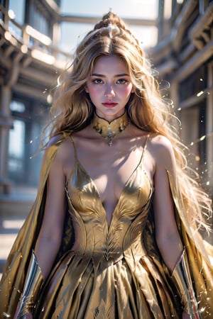 (masterpiece, authentic, 16K), girl in gold punk armor, slender body, (full body image), (looking at you with a sword), striking white skin, no cheeks, chestnut hair, thin eyebrows, (a white wolf with red eyes is next to her), transparency, three-dimensionality, background of a destroyed futuristic city at night, ultra-realistic photo, blur, multiple exposure, exquisite details and textures, dark and scary photo, Delacroix's depiction, (wind: 0.5), vivid light and shadow grain, color 66mm film, 350mm lens, shallow depth of field, chrome film, Lomography, blurry film grain, movie scene, fractal art, two limbs, five fingers sword