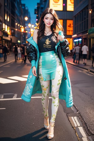 Full body shot, (Girl walking in London City), wearing a turquoise dress, posing with a mischievous smile, masterpiece, best quality, ultra-detailed, 8K, digital art, digital illustration, vast green hills of England in the background, joyful smile, slender body, flushed cheeks, brown eyes with highlights, lip filler, glossy lips, pale skin, long brown hair intricately braided, wavy hair, small round bust, round buttocks, black jacket, t-shirt with English logo on chest, black leather pants with chains, ,correct five-fingered hands, correct five-fingered feet, correct limbs, physiologically correct body, 350mm telephoto, shallow depth of field, night city in the background, realistic rendering, realistic rendering, Unreal Engine, intricate details, (noise reduction), (correct limbs, correct five fingers)